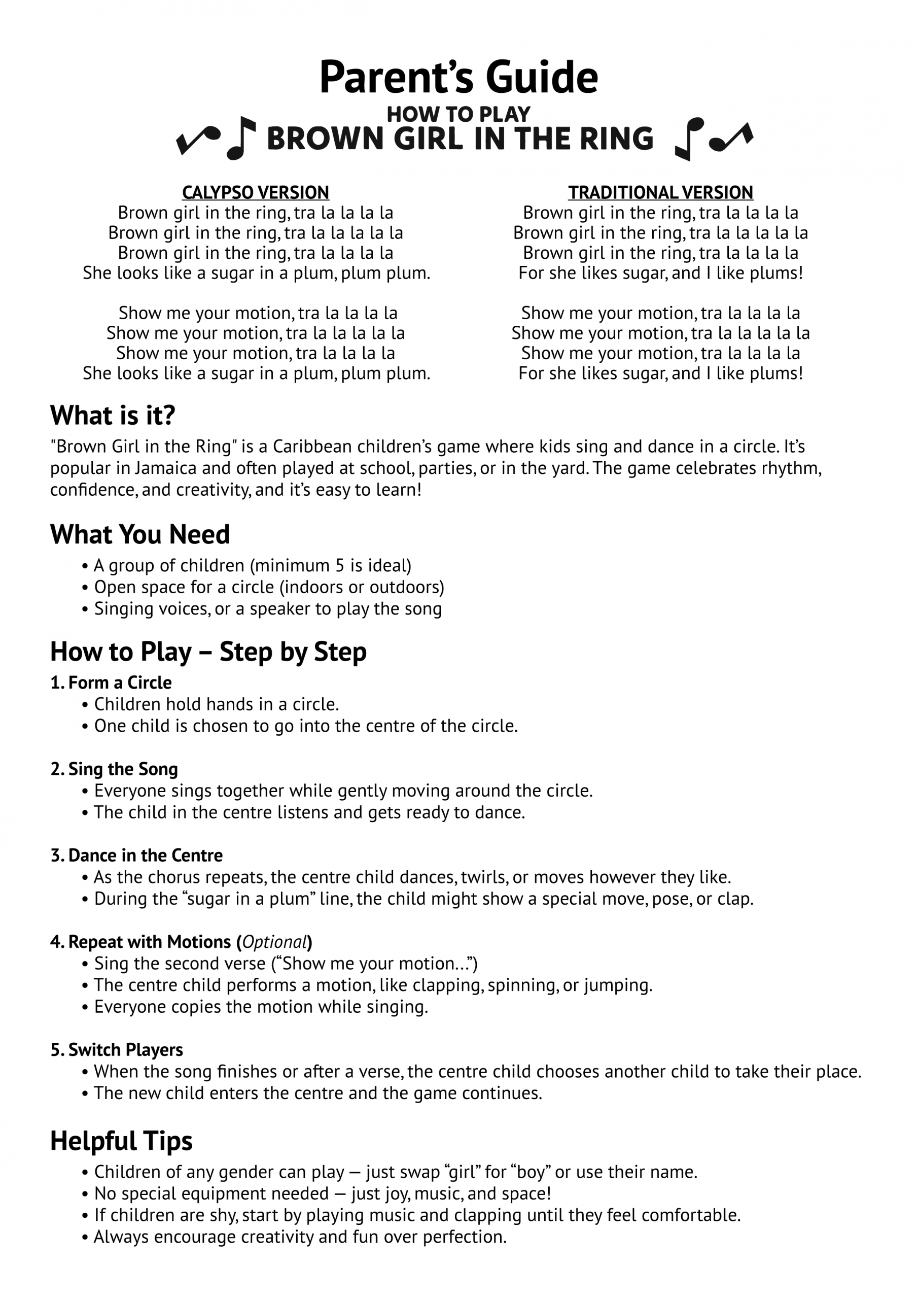 Detailed Instructions for the classic Island game Brown Girl in the Ring