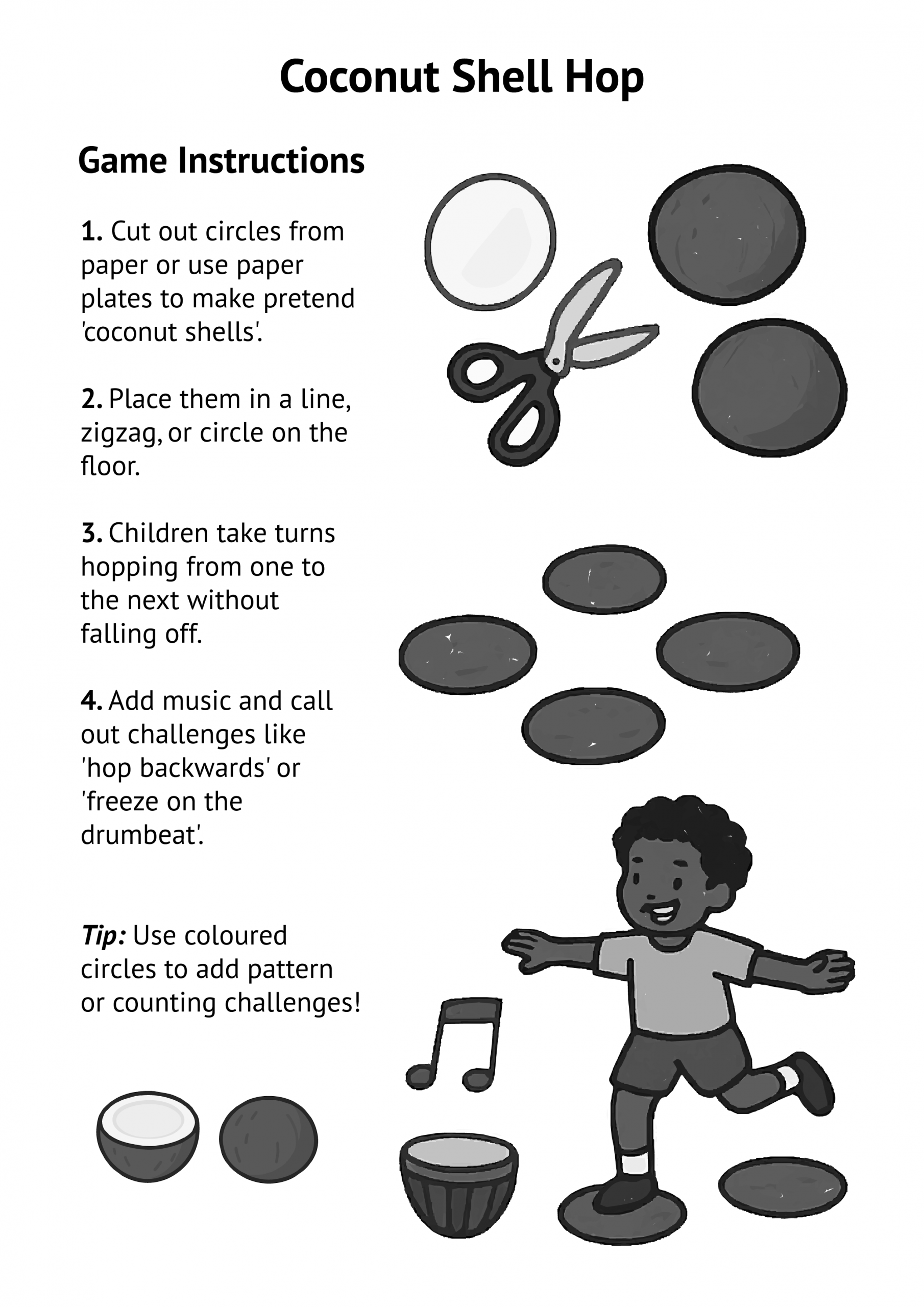 Instructions for how to play Coconut Shell Hop