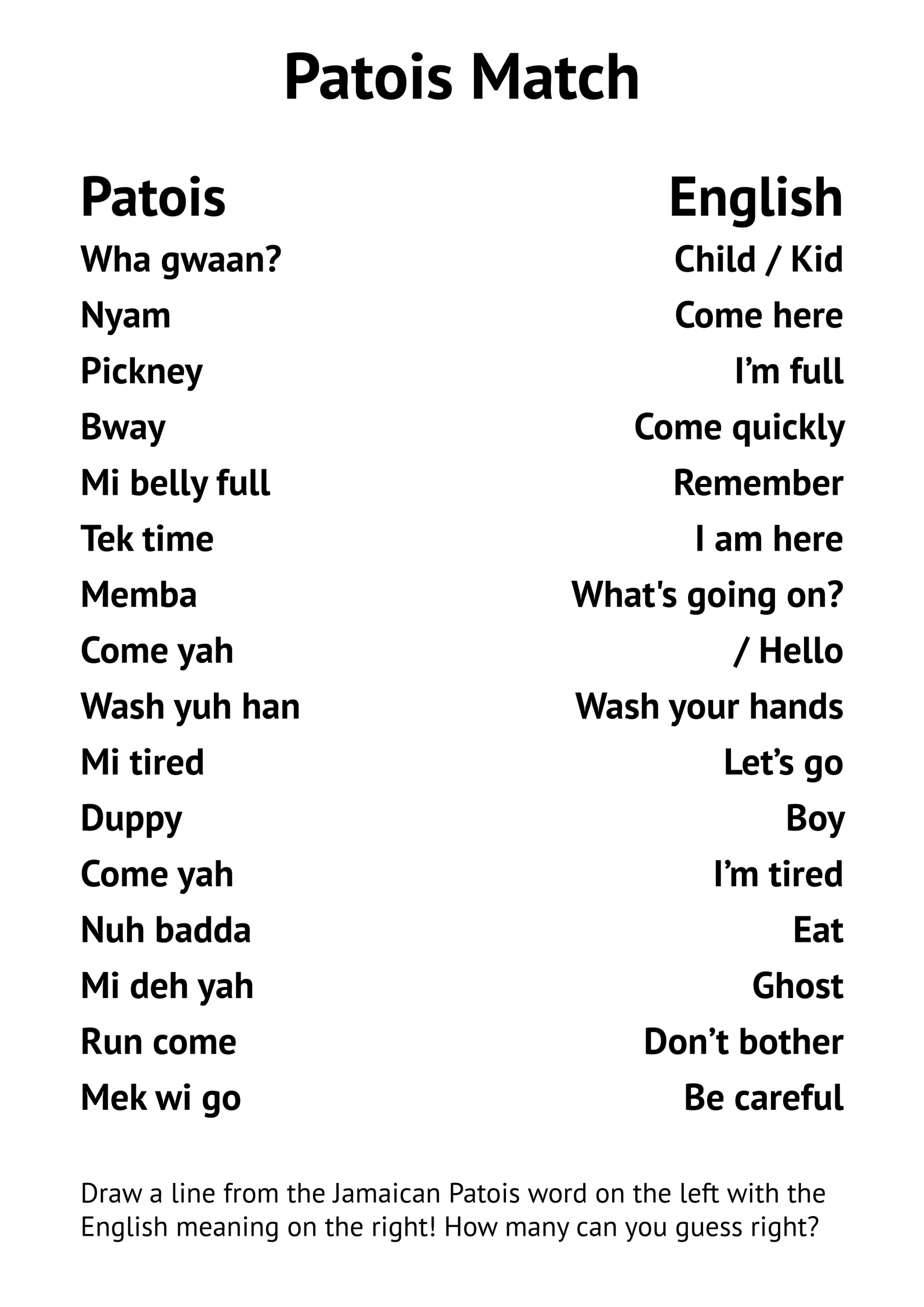 Patois Match - Match words from patois to their English meanings