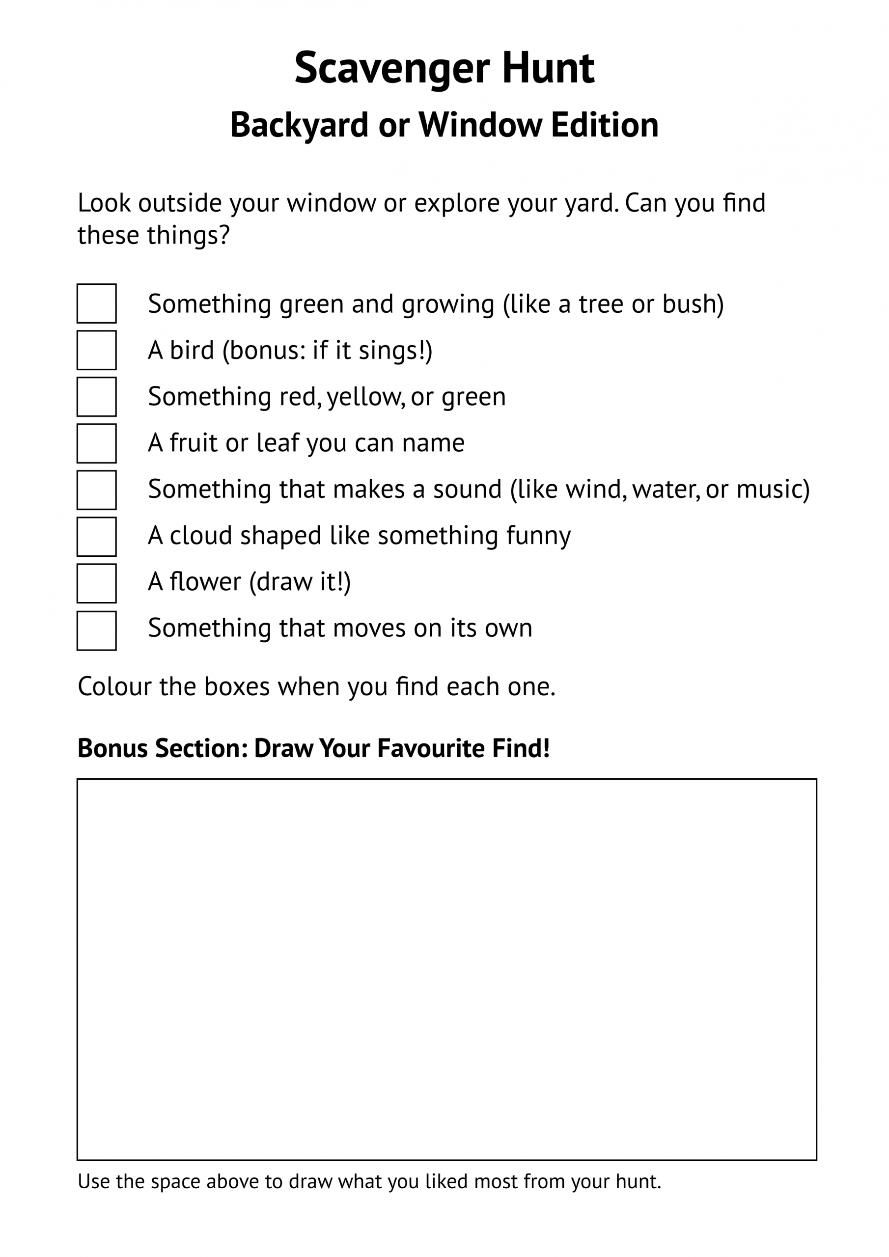 Backyard Scavenger Hunt list